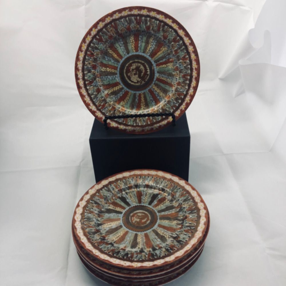 Thousand Faces Immortal 6 Saucer Plates Dragons Japan Signed Vintage Porcelain.